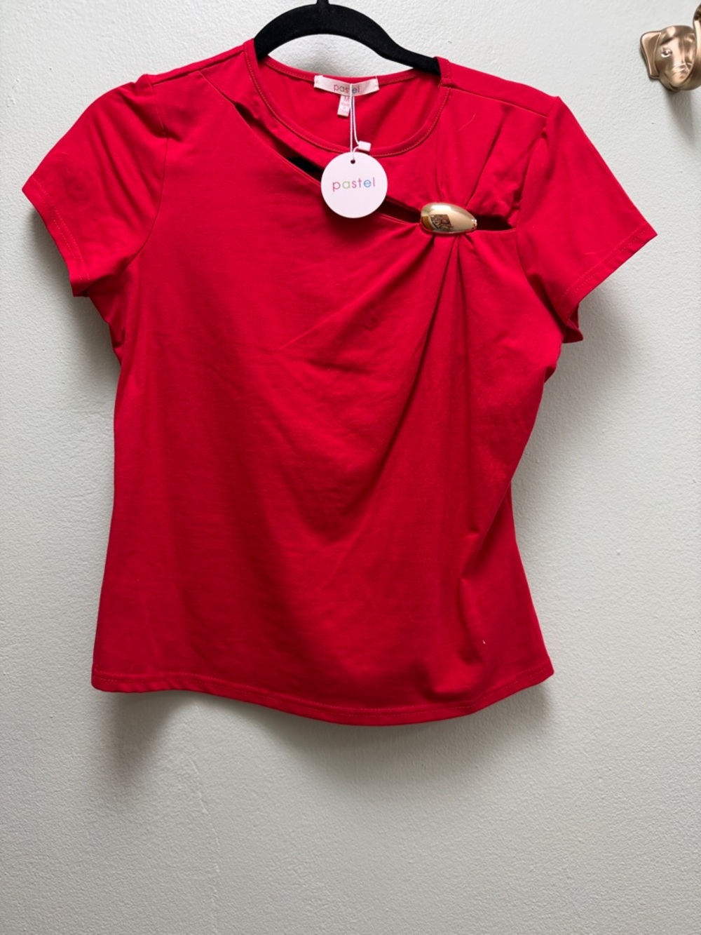 Pastels Red Short-Sleeve Twist Top with Gold Accent